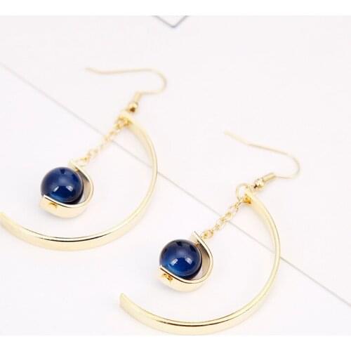 Short Chain Blue Stone Ball Pendant Semicircle Golden Ear Clip & Hook Dangle Earrings Drop Earrings for Women