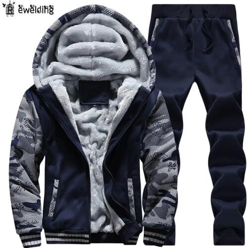 Tracksuit Men Sporting Fleece Thick Hooded Brand-Clothing Casual Track Suit Men Jacket+Pant Warm Fur Inside Winter Sweatshirt