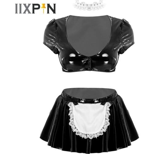 2021 New Sexy Maid Cosplay Costumes Cute Wet Look Black Sexy Anime School Girl Gothic Skirt Outfit For Woman With Top and Choker