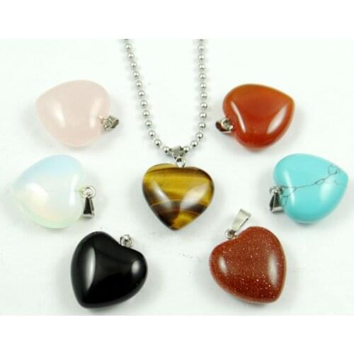 20mmNatural Gem Stone Quartz Crystal Turquoise Opal tiger eye Heart pendant for diy Jewelry making Men women Necklace Charm Gift