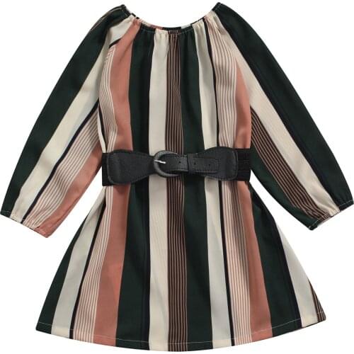 Girls Casual Two-piece Clothes Set, Printed Pattern Round Collar Long Sleeve Dress and Waistband