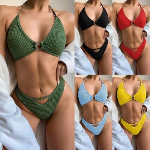 Sexy Halter Bikinis Womens Swimsuits Push Up Swimwear Female Solid Biquini Ruched Bathing Suit 2021 Fashion Ring Bikini Set