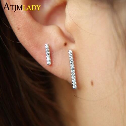 Full cubic zirconia paved sparking uneven two cz bar dainty gold color bar 925 sterling silver women girl cz bar stud earring