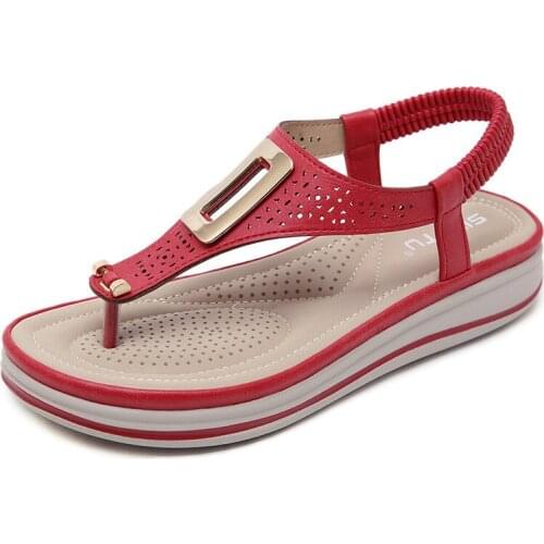 Summer Platform Flip Flops Women Solid Color Beach Sandals Soft Leather Comfortable Low Heels Flats Shoes Metal Big Size