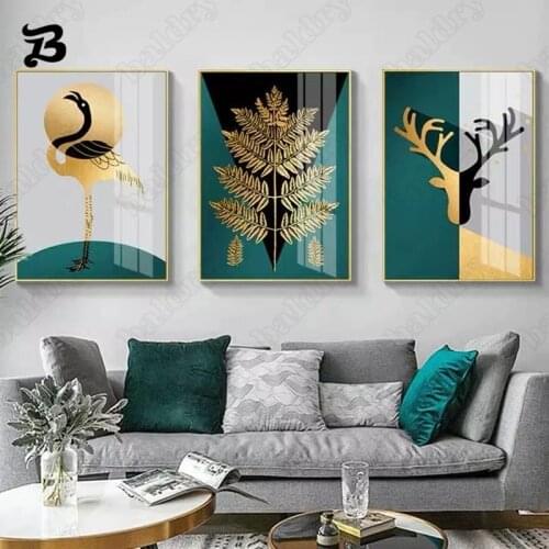 Nordic Modern Canvas Painting Blue Golden and Black Elk and Leaves Posters and Prints Wall Pictures for Bedroom Home Decoration