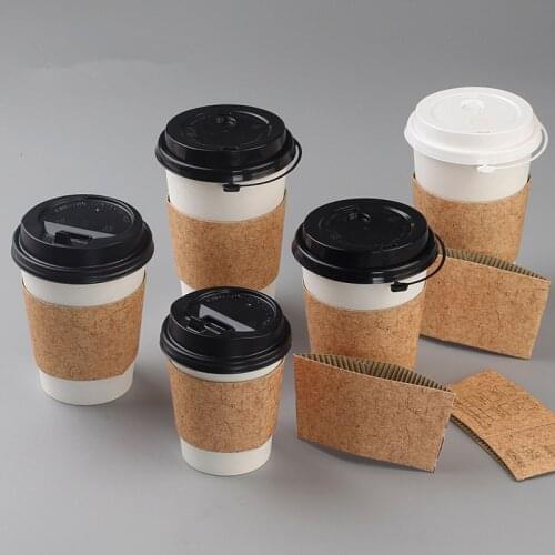 50pcs High quality white disposable coffee cups cold hot drink tea takeaway packaging paper cup with lid and kraft paper sleeve