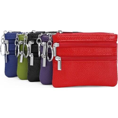 Genuine Leather Key Bag Popular Double Zipper Key Wallet Small Coin Purse Bus Card Package Zipper pocket Custom name logo