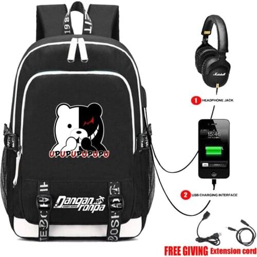 Danganronpa Black White Bear Book bag Rucksack Student School Bag For Boys Girls Travel Backpack USB Port Mochila Black Backpack
