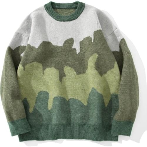 Harajuku Sweater Pullovers Men Gradient Striped Jacquard Knitted Sweater Hip Hop Retro Camouflage Print Streetwear Sweatshirts