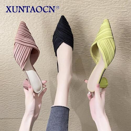 Pointed Toe Shoes Slippers Women Summer Pantofle Heeled Mules Luxury Slides Loafers Low Cover 2021 High Designer Fabric Rome PU