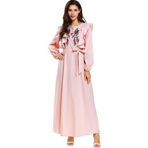 Turkey Muslim Abaya Dress Women Ruffle Sleeve Lace-up Floral Maxi Vestidos Kimono Islamic Clothing Moroccan Kaftan Hijab Elbise