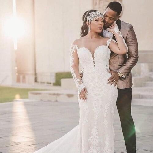 YiMinpwp Romantic Mermaid Wedding Dresses Sheer Neck Hollow Back Long Sleeve Sweep Train Lace Appliques Garden Bridal Gowns