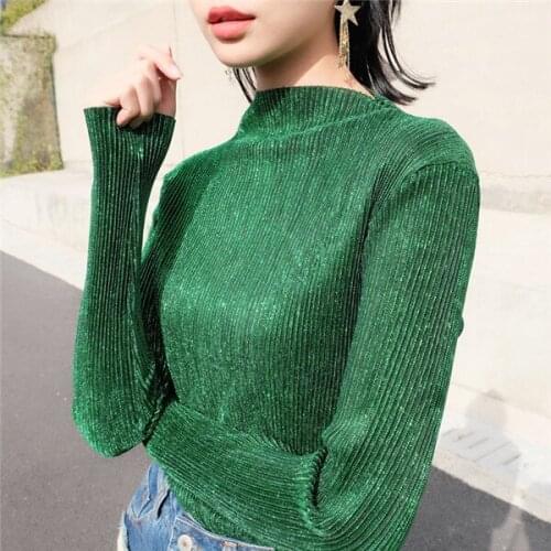 Women Fashion Blouses Costumes Autumn Winter Long Sleeve Bright Silk Glossy Tshirts Ladies Woman Pullovers Blouse Tops