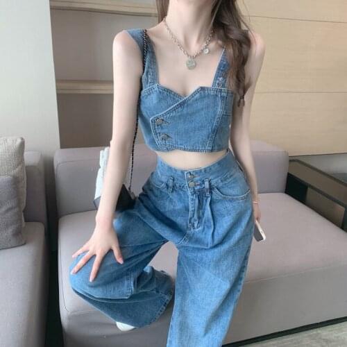 Cowboy Suit Womens Short Camisole Top+loose Straight Trousers Fashion Two-piece Suit 2021 Summer Clothing