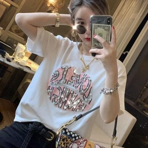 Beaded Lips Sequined Short-sleeved Top Women 2021 Summer New Korean Version Fashion All-match T-shirt Women Clothing