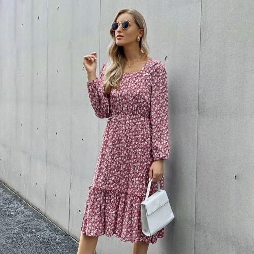 Autumn And Winter Womens Retro Dress Fashion Print Long Sleeve Square Neck Elastic Waist Elegant Temperament Pullover Dress