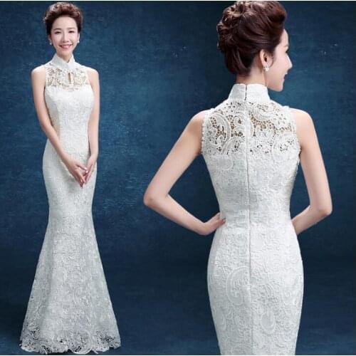 White Lace Fish tail Long Cheongsam dress Women Qipao Chinese Oriental dress Evening