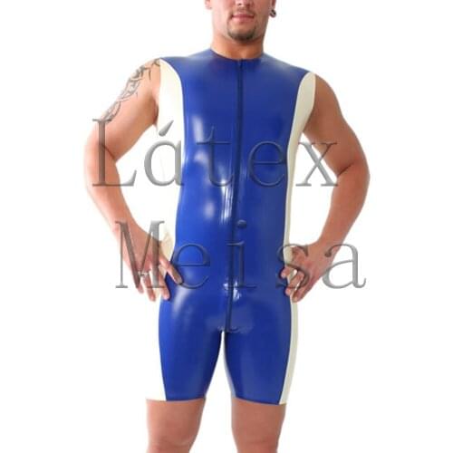 100% natural latex catsuit sleeveless fetish mens latex zentai with front zip main in blue with white trim colors