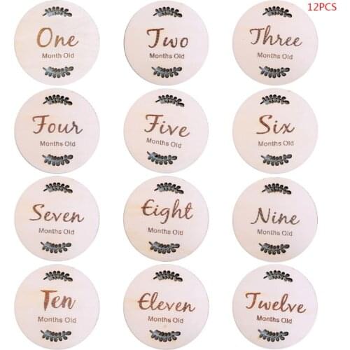 12 Pcs/set Handmade Baby Milestone Card Vintage Leaf Numbers Engraved Wood Infants Bathing Gift Newborn Photography Props Set