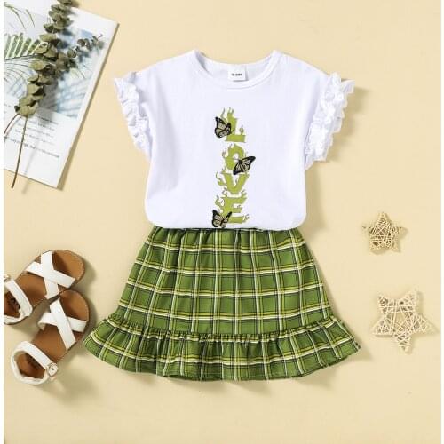 2Pcs Kids Summer Outfit, Girls Letters Print O-Neck Ruffled-Sleeve T-Shirt + Plaid Frilly Skirt, 18 Months to 6 Years