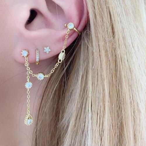 2021 Tassel Chain Earring Elegance Women Jewelry Round Bezel Cz Geometric Charm Ear Cuff Stud Gorgeous Ladies 925 Silver Jewelry