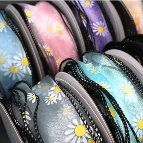 25yards/roll White Cute Daisy Printed Tull Organza Ribbon With Black Margin For Handmade Hair Accesories For Kids Bow