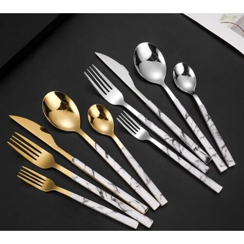 5 Pcs Marble Pattern Stainless Steel Tableware Cutlery Set Dessert Spoons Steak Knife Forks Western Dinnerware Kitchen Gadget