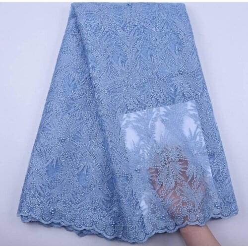 Latest African Lace Fabric High Quality French Net Embroidery Sky Blue Beaded Tulle Lace Fabric For Nigerian Party Dress S1867