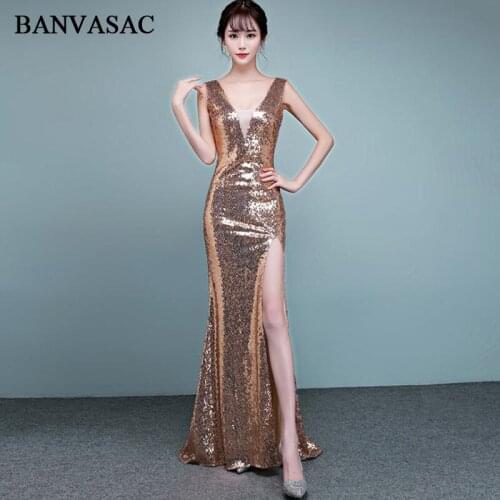 BANVASAC Sexy Lace Deep V Neck 2018 Sequined Mermaid Long Evening Dresses Elegant Party Split Backless Prom Gowns