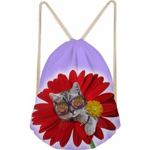 Noisydesigns Big rose have little cute cat Drawstring Bag Couple Lover Shoe Backpack Pocket String Storage Rucksack