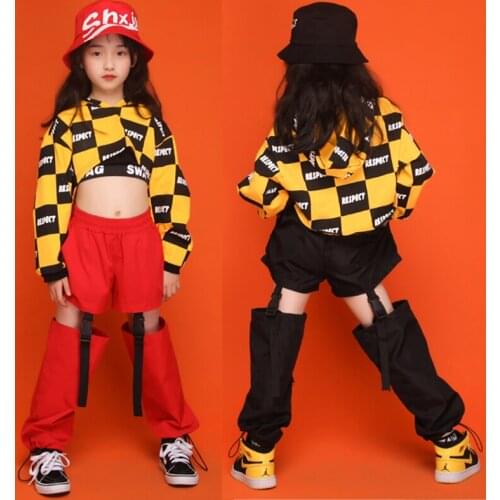 Kids HIP HOP Clothing Girls Jazz Costume Yellow Plaid Hoodies Black/Red Pants Practice Clothes Modern Ballroom Dance Wear DB2242