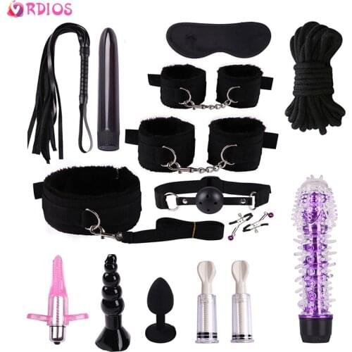VRDIOS Erotic Sex Toys For Women Couples BDSM Sex Bondage Set Handcuffs Whip Anal Vibrator Nipple Clamps Slave Games Sexy Shop