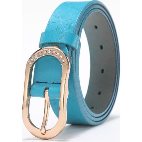 Fashion ladies belt leather ladies belt black jeans rhinestone embossed designer pin buckle belt blue ladies gift belt
