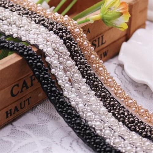 1Yards/Lot Pearl Seed Bead Beaded Trims Lace Ribbon Fabric Clothes Decoration Wedding Dress Collar Sleeve Lace Applique material