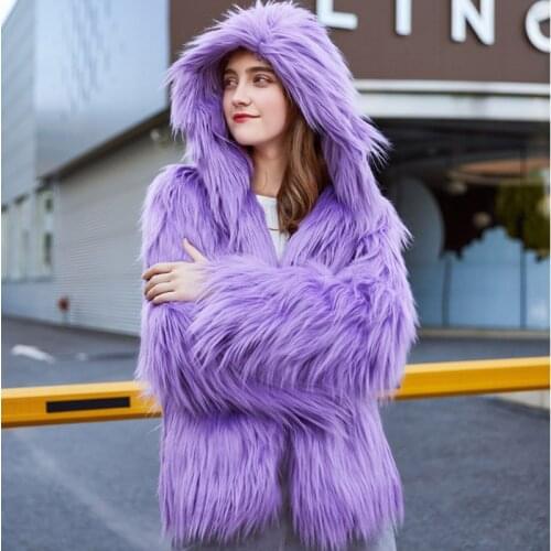 Artificial Fur Coat Purple Womens Jacket Faux Undefined Biker Woman 2020 Shaggy Elegant Winter With Hood Europe Thick Russian
