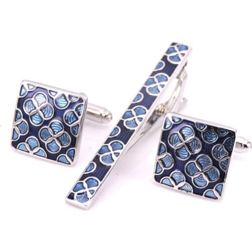 DY A set new high-quality enamel square blue flowers tie clip Cufflinks fashion mens wedding Cufflinks tie clip set
