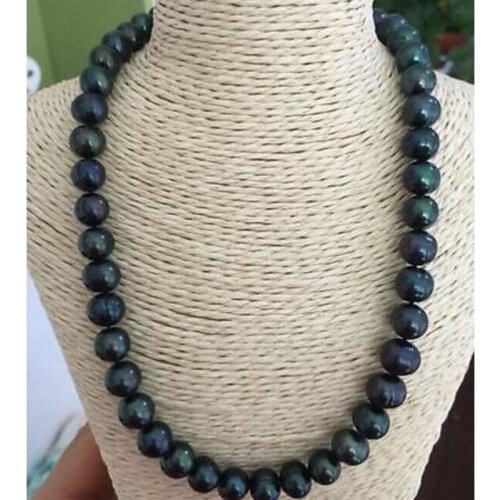 Tahitian 12-13mm baroque black green pearl necklace 18"14k