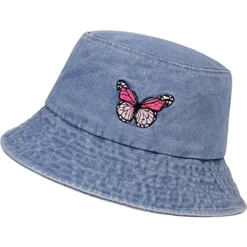 Butterfly Embroidery Denim Bucket Hat Women Summer Designer Panama hat fishing cap Woman bucket hats hip hop sun hats