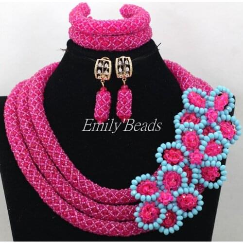 Lovely Fuchsia Pink African Costume Women Jewelry Set Crystal Nigerian Wedding Necklaces Set 2016 Hot Free Shipping AIJ983