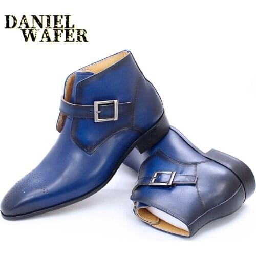 Luxury Ankle Boots Fashion Blue Handmade Genuine Leather Boots Pointed Toe Buckle Strap Wedding Office Dress Shoes Men Boots