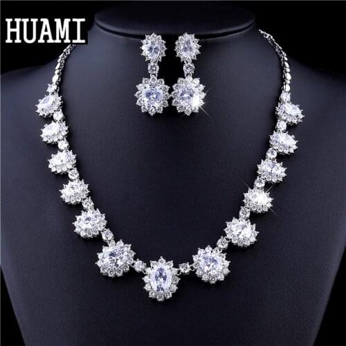 HUAMI Luxury Flower Jewelry Stud Earrings Nacklace Sets for Women Brides Engaged Jewelry Sets Joyeria Fina Para Mujer Wedding