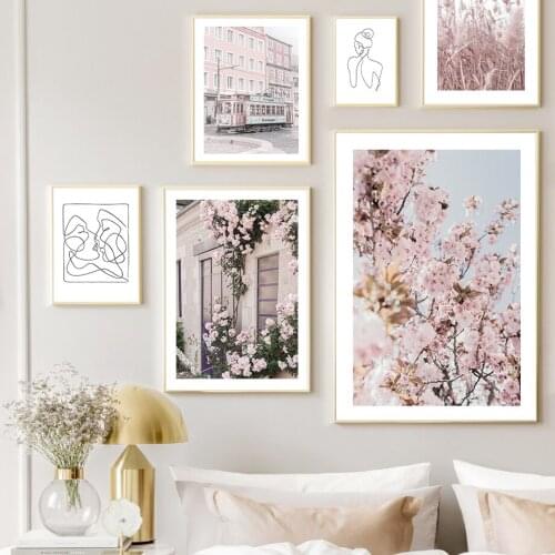 Sakura Flower Love Kiss Line Grass Bus Wall Art Canvas Painting Nordic Posters And Prints Decor Pictures For Living Room Mural