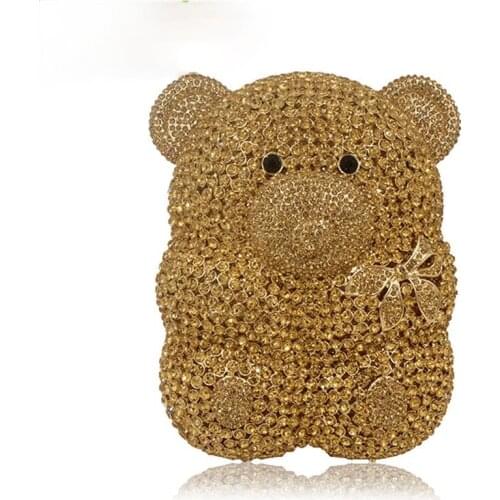 Women Cartoon Cute Bear Hollow Out Gold Crystal Evening Bags Bridal Metal Hard Case Clutches Rhinestones Gift Box Handbag Purse