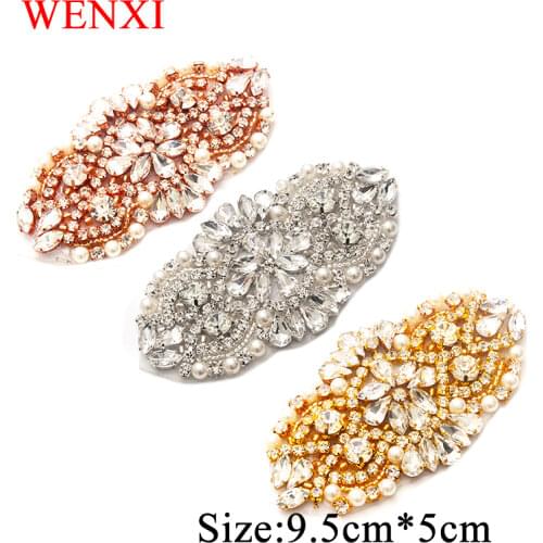 WENXI 30PCS Wholesale Hand Bridal Sash Rose Gold Rhinestone Appliques Patch Iron On Bridal Garter Jewerly Wedding Belt WX865