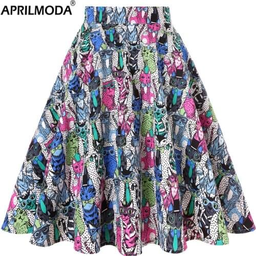 Plus Size Cat Print Midi Short Skirt Women High Waist Vintage faldas mujer Cotton Autumn A-Line 40s 50s 60s Party Skater Skirts