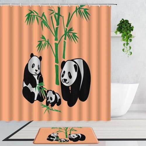 Panda Eating Bamboo Shower Curtains Cute Cartoon Black White Animal Childrens Bathroom 2-Piece Set Non-Slip Carpet Bath Curtain