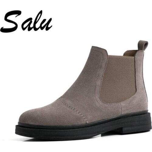Salu Fashion Elegant Round Toe Square Heels Slip on Women Ankle Boots Solid Cow Suede Leather Chelsea Boots Party Shoes