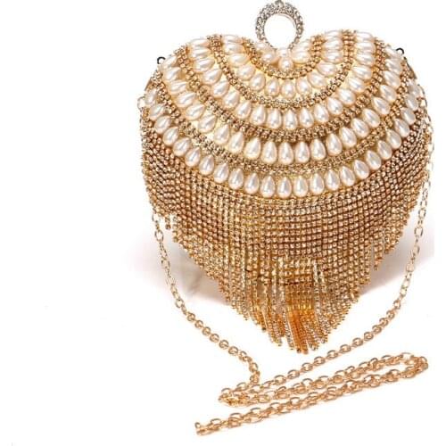 Sweetheart Crystals Tassel Pearls Women Party Handbags Metal Handle Evening Wedding Bridal Clutches Wristlets Bag