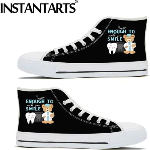INSTANTARTS Women Vulcanized Classic High Top Canvas Nurse Shoes Cartoon Dotor Bear Dentist Pritn Comfort Lace-up Ladies Sneaker