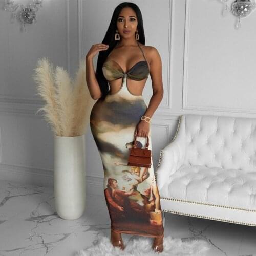 2021 Halter Neck Sling Lower Vest Waist Hollow Printed Dress Ladies Summer V Neck Sleeveless Party Beach Printing Temperament